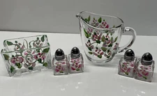 Hand Painted Pink Floral Clear Glass Table Set Salt Shakers Cream Pitcher Sugar