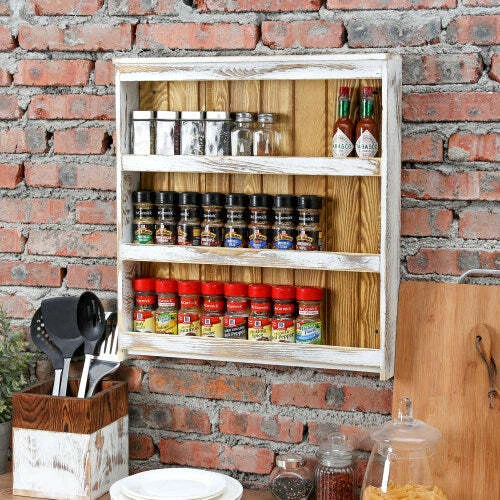 3 Tier Wall Mounted Whitewashed Wood Spice Rack Shelf with Burnt Wood Backing
Opens in a new window