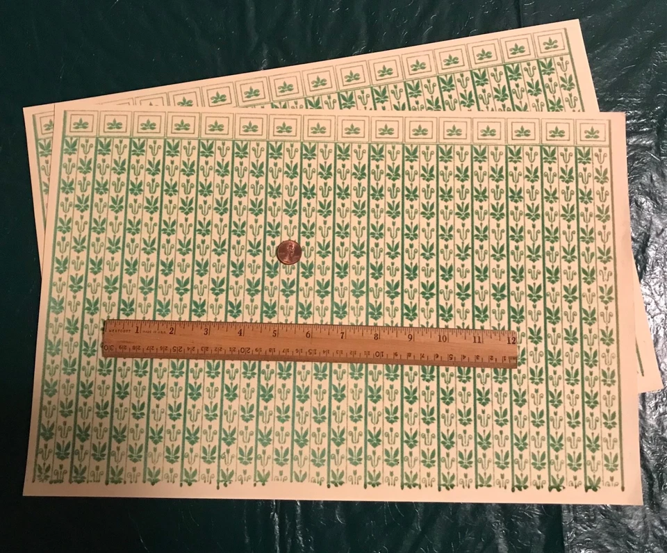 Lot of Dollhouse miniature wallpaper, flocked green victorian, golds, 1:12 scale - Image 4 of 4