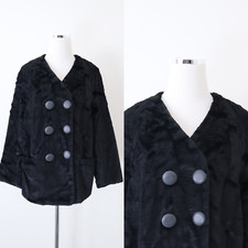 Vintage 1960s Styled By Winter Size L Faux Fur Teddy Coat Double Breasted Black