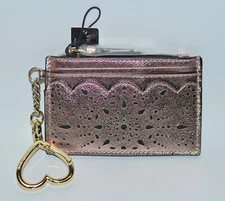 NEW VICTORIA'S SECRET PINK FLORAL METALLIC CARD CASE KEYCHAIN WALLET COIN POUCH