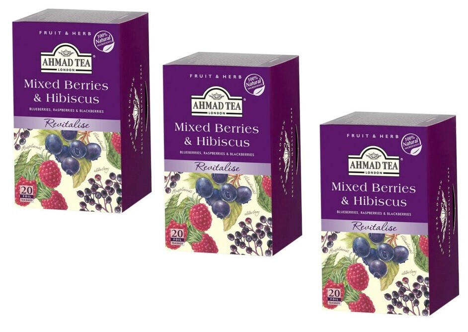 3 PACK AHMAD TEA Mixed Berries & Hibiscus Herbal Tea 20 Tea Bags