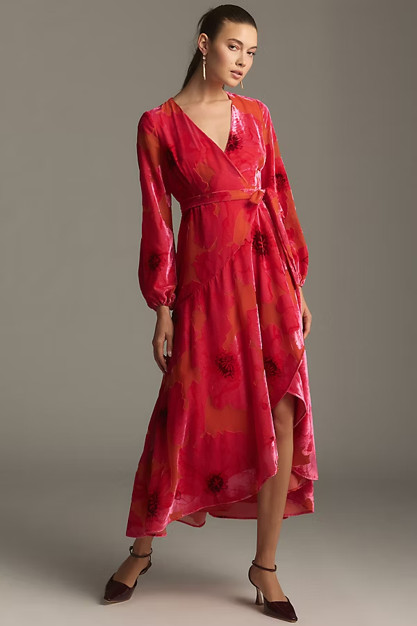 New Anthropologie Hutch Long-Sleeve V-Neck Wrap Midi Dress Velvet Green L  NWT | eBay