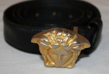 Genuine Vintage Women Gianni Versace Black Gold Medusa Buckle 39" Belt Italy UD6