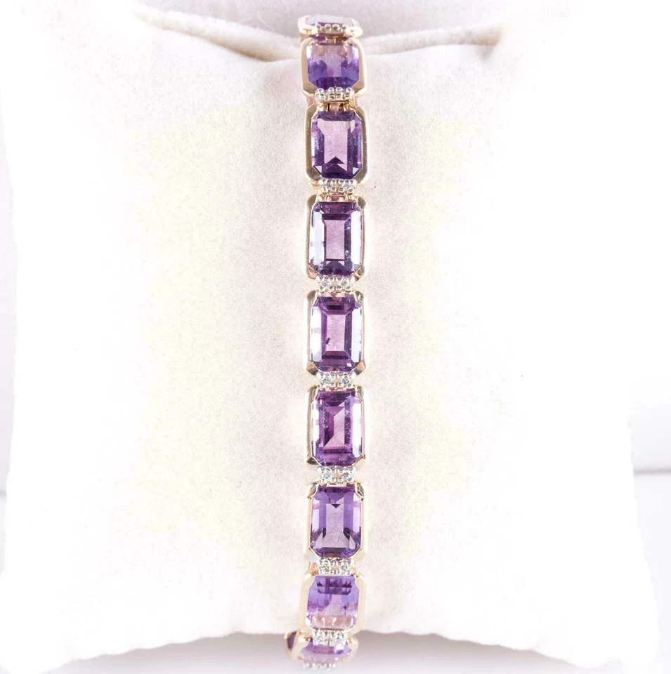 14k Yellow Gold Over 12.29CT Emerald Cut Amethyst Women's Pretty Tennis Bracelet - Image 2 of 4