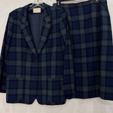 Vintage Pendleton Blazer Suit Skirt Set Tartan Plaid Wool 2-Pc Green Blue 8 MINT