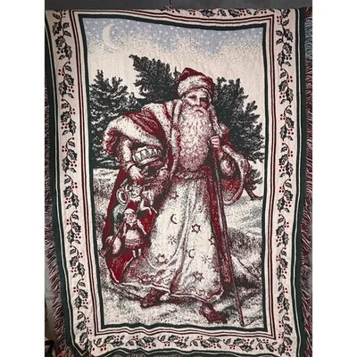 Vintage Style Old World Santa Claus Woven Tapestry Throw Blanket Holly Fringe - Image 1 of 4
