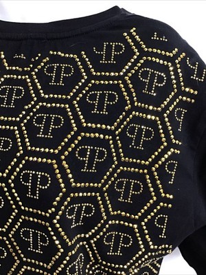 Philipp Plein T-Shirt Black Round Neck Gold Studs Logo Print Short Sleeve SizeXL