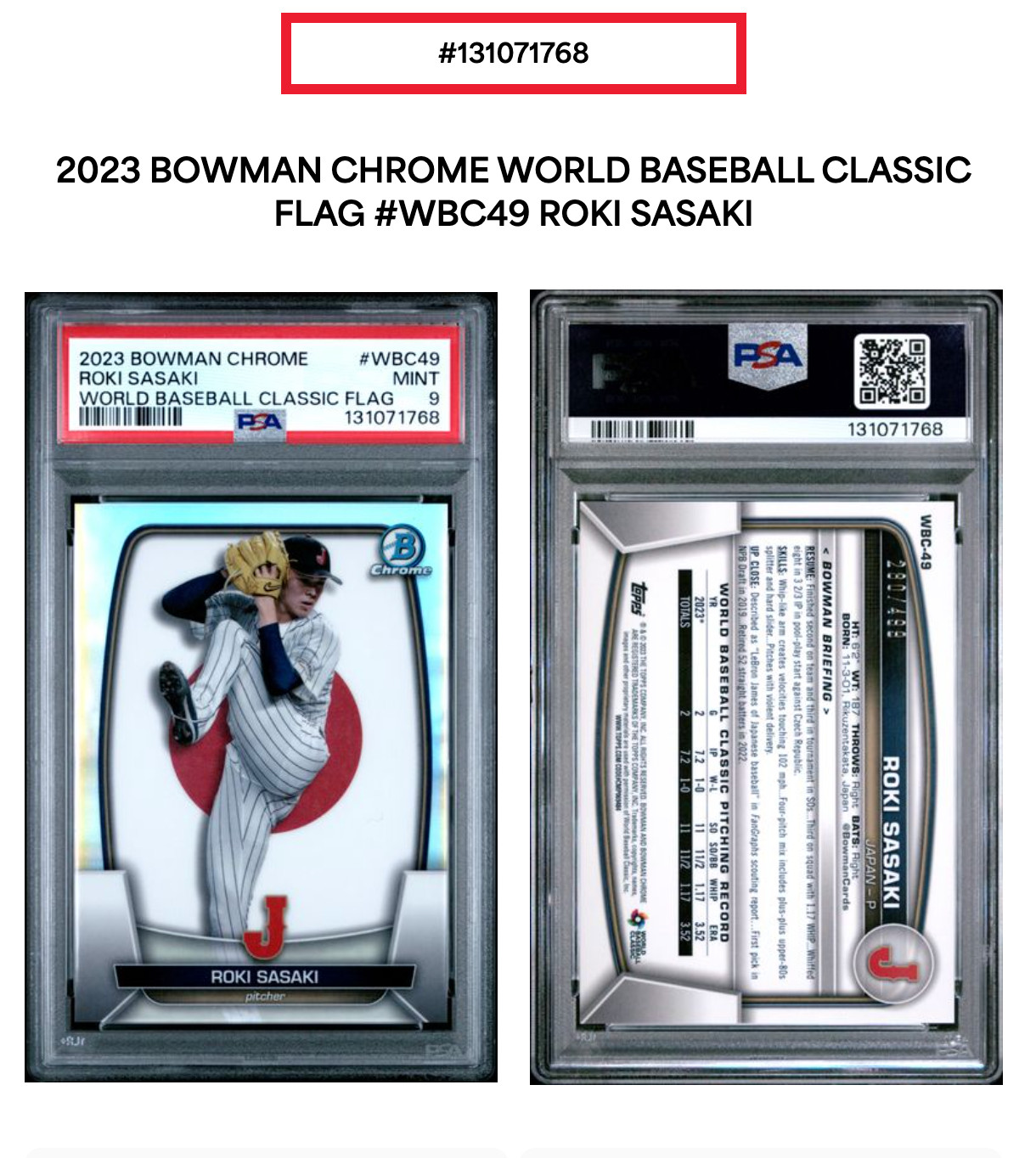 2023 Bowman Chrome Roki Sasaki World Baseball Classic Flag WBC-49 #'d 280/499