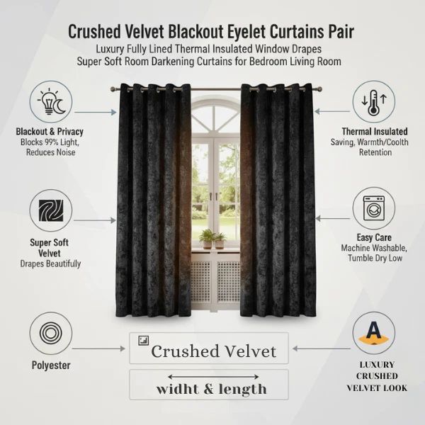 Crushed Velvet Blackout Eyelet Curtains Pair Ring Top Luxury Fully Lined Drapes