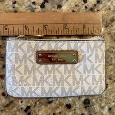 Michael Kors Cuero Tarjeta Llavero Cartera Cremallera Bolsa Beige y Marrón Logo MK