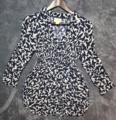 Maeve Anthropologie Womens XS Shirt Top Alexa Bird Print Linen Viscose Smocked 