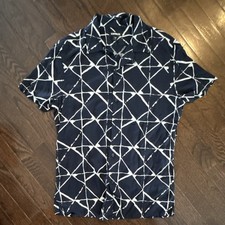 Express Men's Navy White Geometric Button-Up Shirt Short Sleeve S