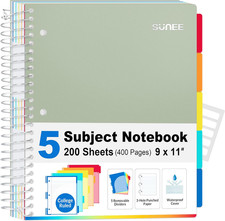 5 Subject Notebook College Ruled - 200 sheets 400 Pages , 9"x11", 5 Pocket Colo