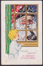 Christmas Santa Claus postcard Child sees huge Santa through window c 1910