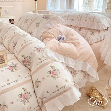 Ruffle Duvet Cover Queen with Elegant Pink Flower Printed Romantic Lace Comfo...