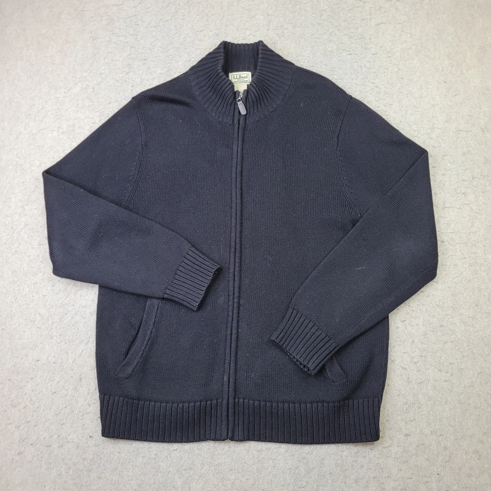 LL Bean Cardigan Sweater Men M Black Full Zip Pockets Cotton ribbed collar 0HJS6 - Image 3 of 4