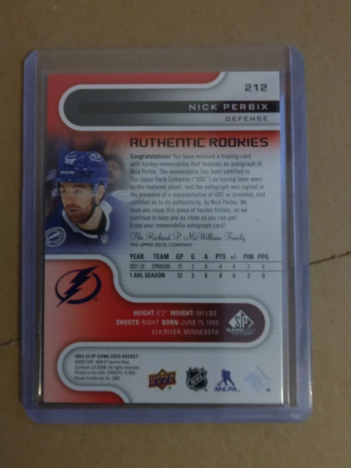 2023 UPPER DECK #212 NICK PERBIX AUTHENTIC ROOKIES AUTO/JERSEY 24/149 - Image 2 of 2