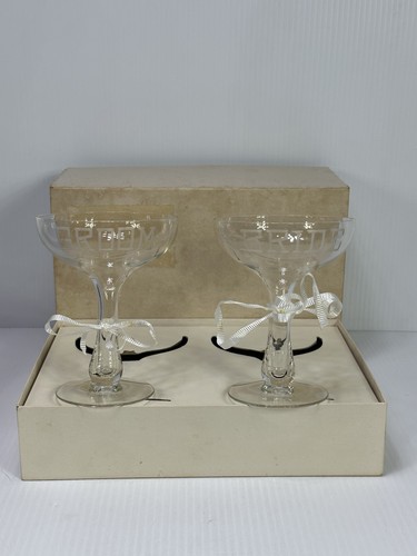 VTG MCM Engraved BRIDE GROOM Glasses Hollow Stem Champagne Coupes 1967 In Box
