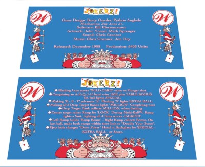 Williams Jokerz! Pinball Custom Apron Instruction Cards