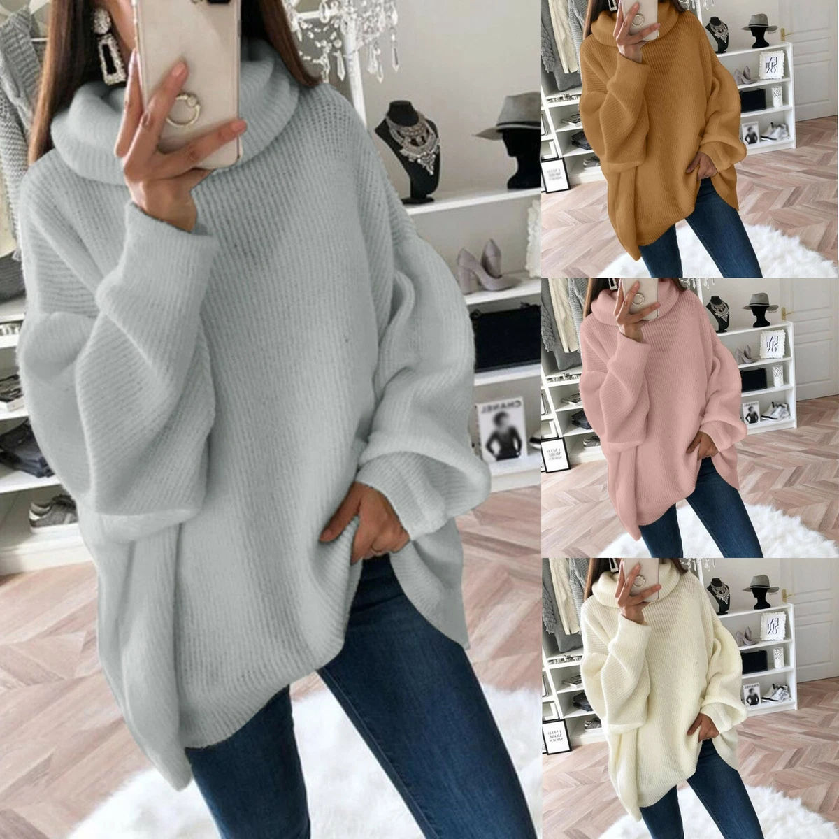 Womenu0026#039;s Winter Sweater High Neck Solid Color Casual Knitted Sweaters  Blouse Tops | eBay