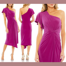 NEW Mac Duggal [ 4 ] 12480 One Shoulder Jersey Midi Dress Magenta J660