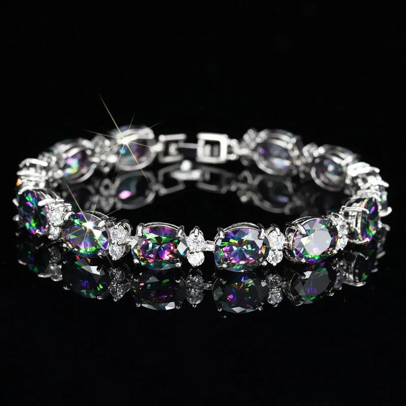 Nuevas pulseras plateadas grandes de topacio místico rojo forma ovalada con encanto para mujer Foto 3 de 4