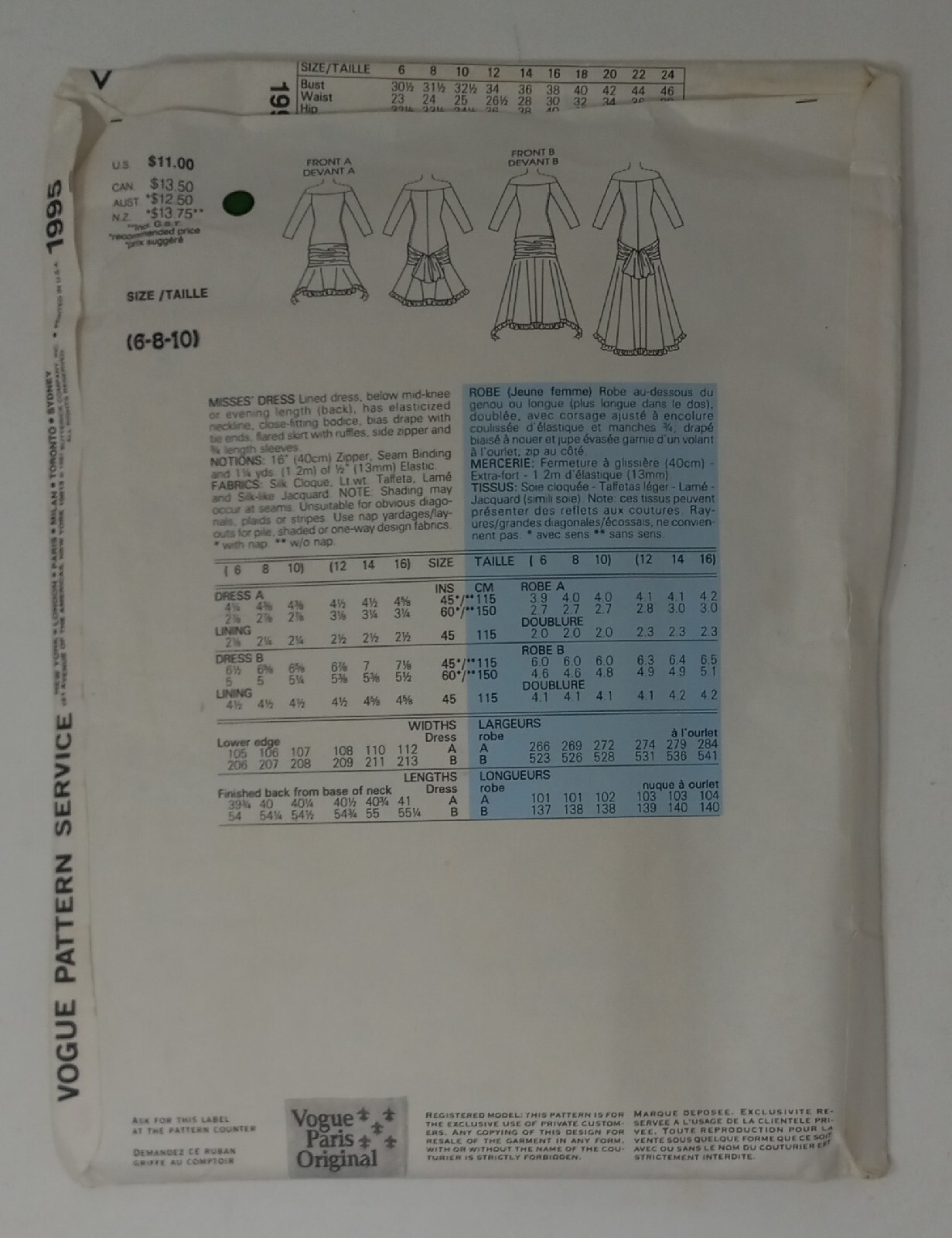 Abito da sera Vogue Paris originale 1987 Yves Saint Laurent #1995 taglia 6 8 10 nuovo