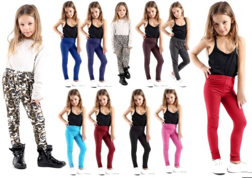 Kids Girls Plain Leggings Trousers Full Stretch printed Legging 45% Cotton 3-13y - Picture 1 of 45
