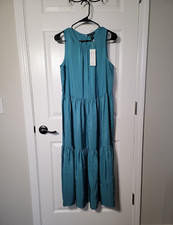 Eileen Fisher Women's River Blue Washed Silk Tiered Long Dress Small NWT 358