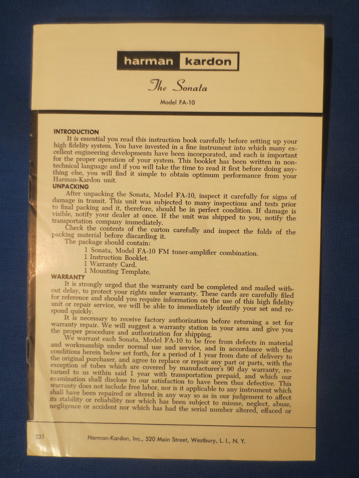 Harman Kardon The Sonata  FA-10 Owner Manual With Schematic Original