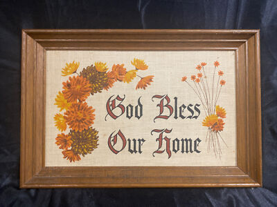 VTG KAYDEE HAND PRINT GOD BLESS OUR HOME CANVAS FALL HARVEST PICTURE WOOD FRAME