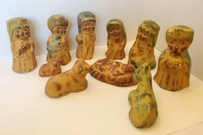 Brown Green Gold Distressed Ceramic 10 Piece Nativity Set-Christmas  3.5"