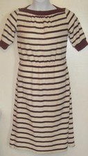 Vintage juniors sz 9 beige burgundy striped modest stretchy waist shirt dress a2