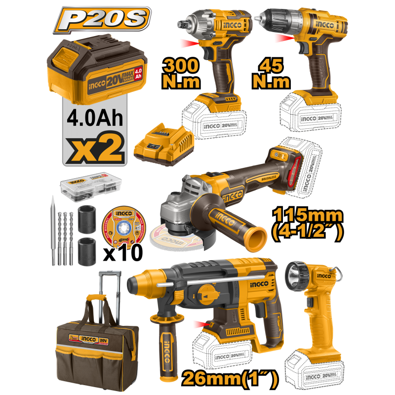 SET AVVITATORE+TRAPANO+MARTELLO PERFORATORE+SMERIGLATRICE ANGOLARE+LAMPADA