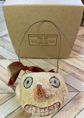 Vintage Country primitive Style Snowman Head Bucket Christmas Ornament Folk Art