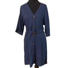 Everly Blue Button Front Belted Midi Dress Rayon V Neck Size M Career Casual