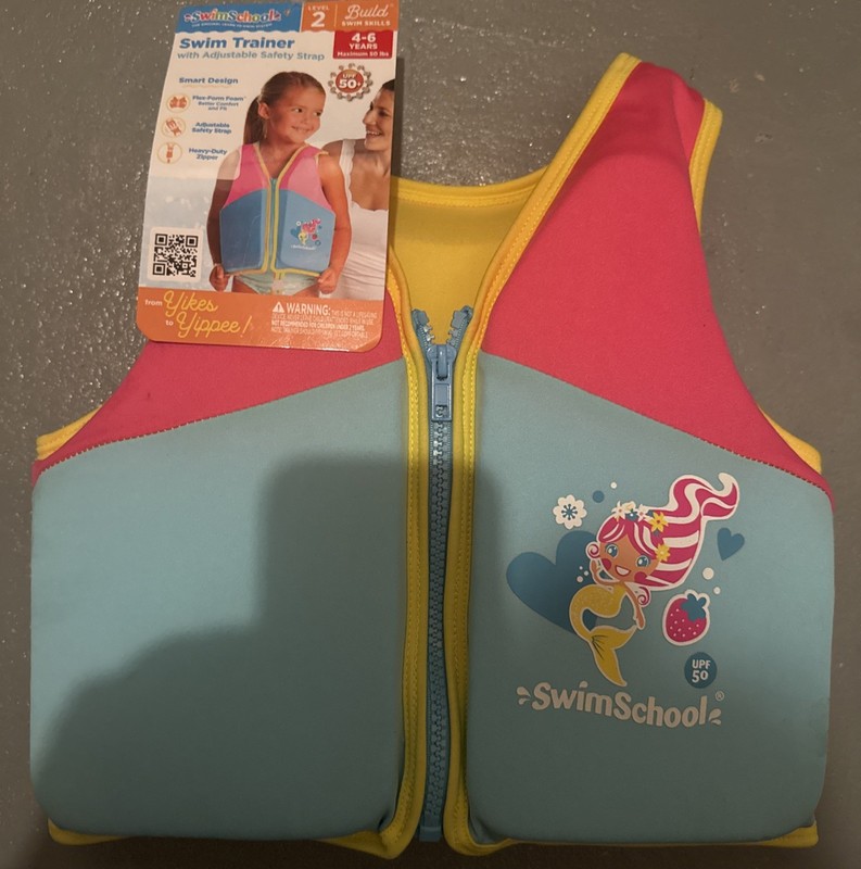 Swim School Mermaid Swim Vest Life Jacket Trainer Level 2 Age 4-6 Max 50 Lb NWT