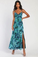 New Lulus Beautiful Soul Teal Green Floral Print Twist-Front Maxi Dress Size XS