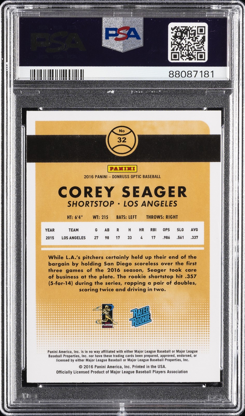 2016 PANINI DONRUSS OPTIC #32 COREY SEAGER ROOKIE RC PSA 8 view 2