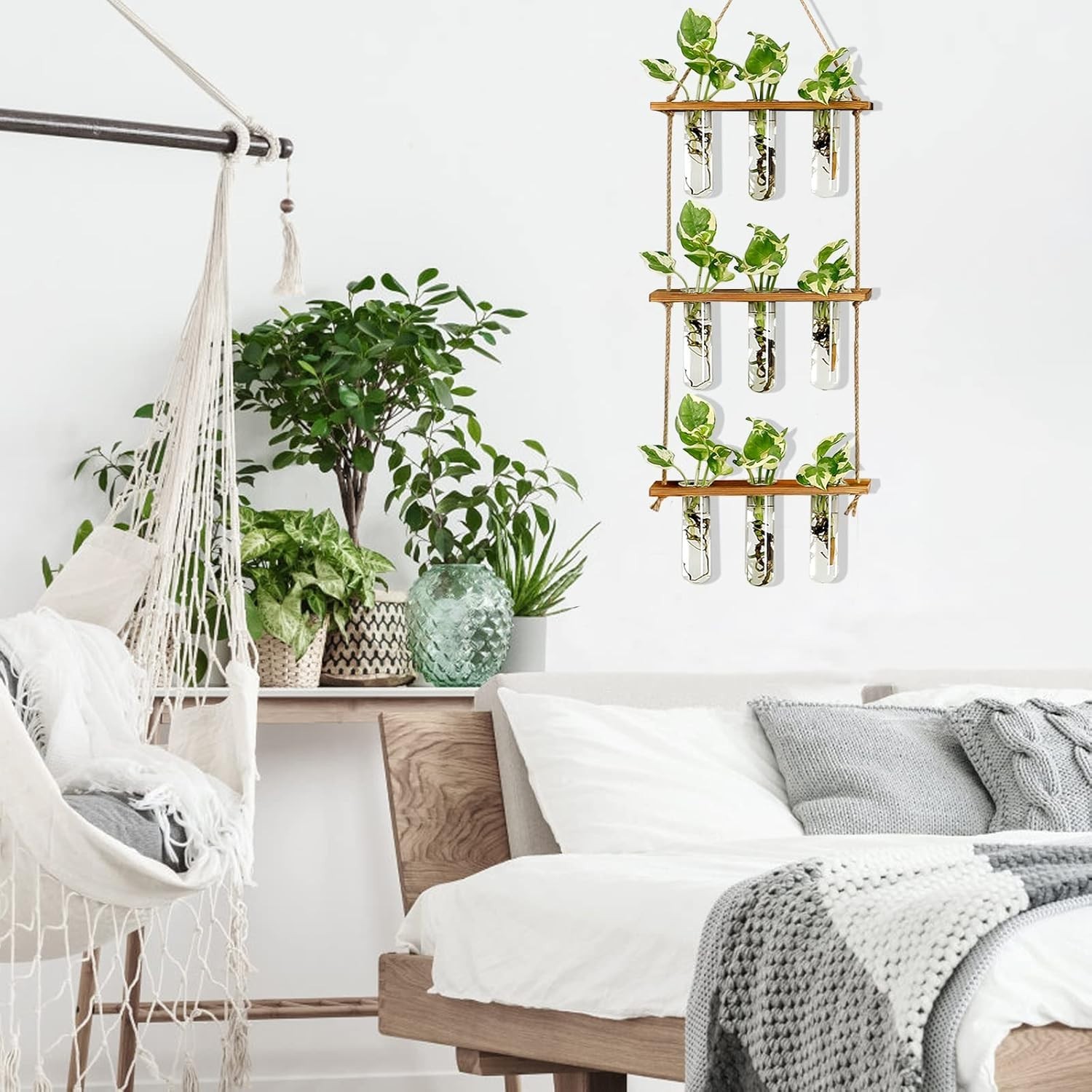 Wall Hanging Propagation Station with Wooden Stand Glass  Tubes Tiered Plante...