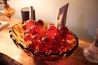 Vintage MCM Red Lucite Grapes Driftwood Stems x2 Bunches w/Bowl