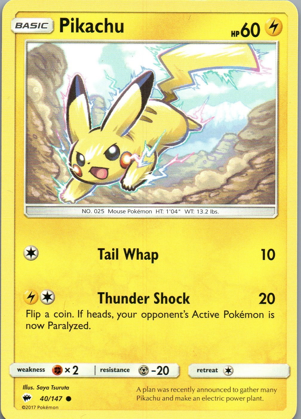 Pikachu Common SM - Burning Shadows 40/147 NM Normal - Pokemon