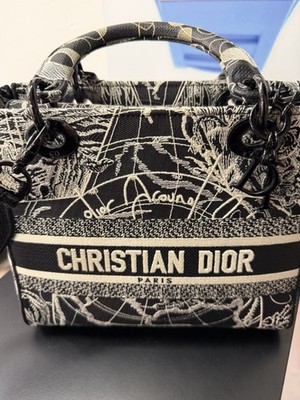 CHRISTIAN DIOR LADY D-LITE TASCHE MEDIUM CANVAS TOILE DE JOUY WEISS SCHWARZ NEW NEU