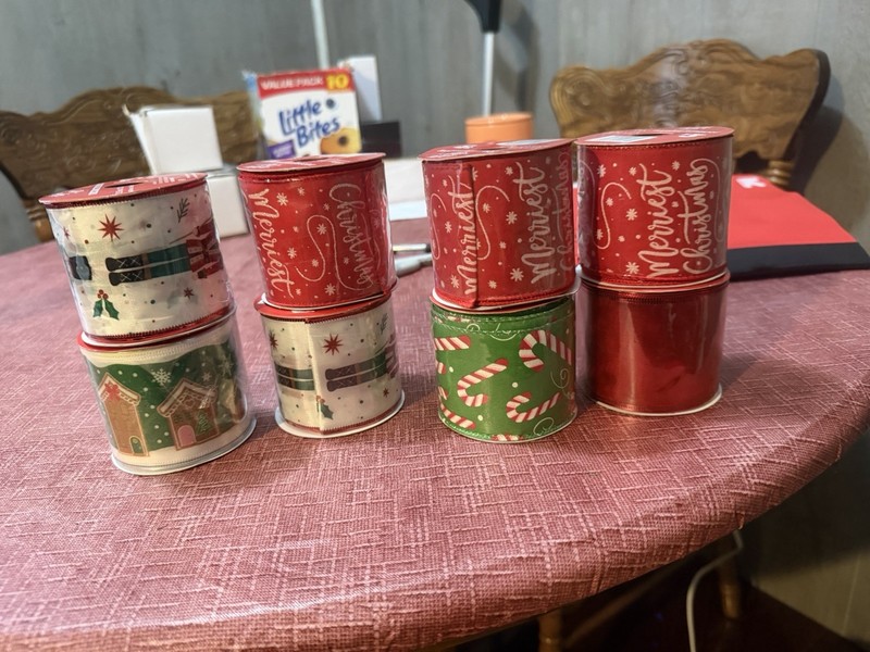 Fabric Ribbon Spools Lot of 8 Christmas Holiday Pattern Red Green White