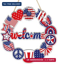 4th of July Decorations Patriotic Wreath Decor Wooden Welcome Front Door Sign Re