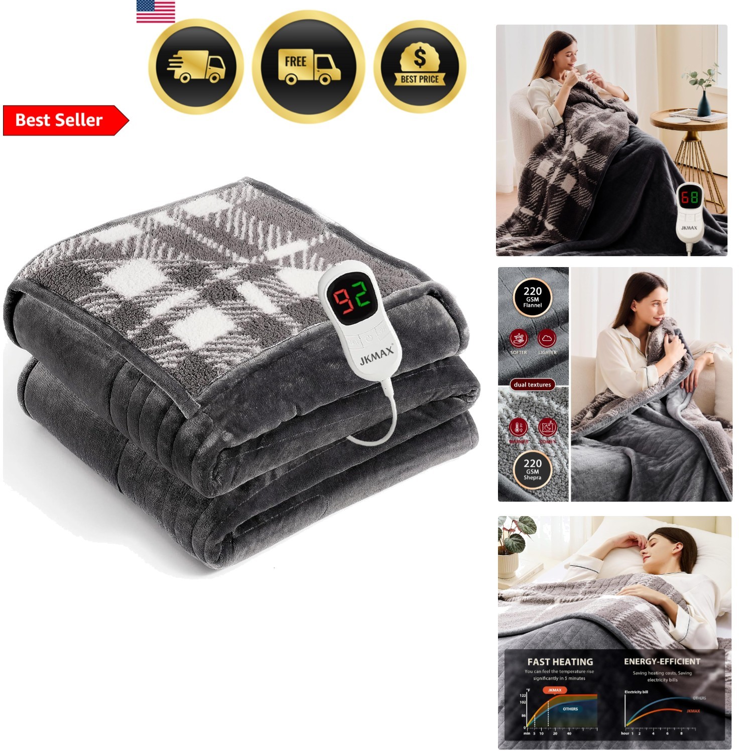 Electric Heated Blanket Full Size 72x84 Flannel Sherpa Dual Pattern Safe Warmth