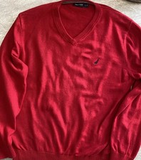 NAUTICA XL V-Neck Sweater Red Pullover J-Class Logo 100 Cotton Valentines