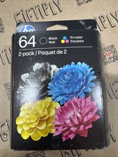HP 64 Black 64 Tri-Color Ink Cartridges 2 Pack X4D92AN Exp 1/2028 -Sealed Box