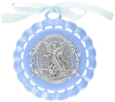 Blue Bassinet Round Medal 4.25 Inch Baby Boy Gift Religious Keepsake
